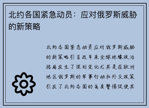 北约各国紧急动员：应对俄罗斯威胁的新策略