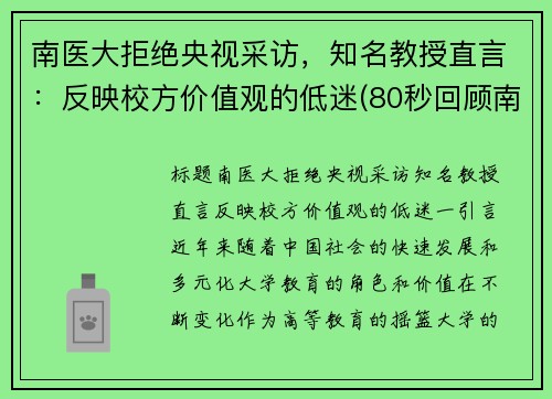 南医大拒绝央视采访，知名教授直言：反映校方价值观的低迷(80秒回顾南医大)