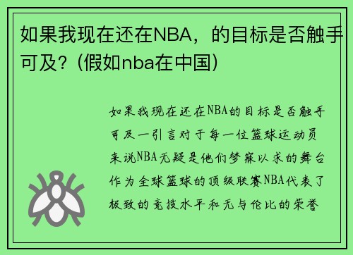 如果我现在还在NBA，的目标是否触手可及？(假如nba在中国)