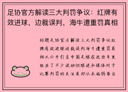 足协官方解读三大判罚争议：红牌有效进球，边裁误判，海牛遭重罚真相大公开